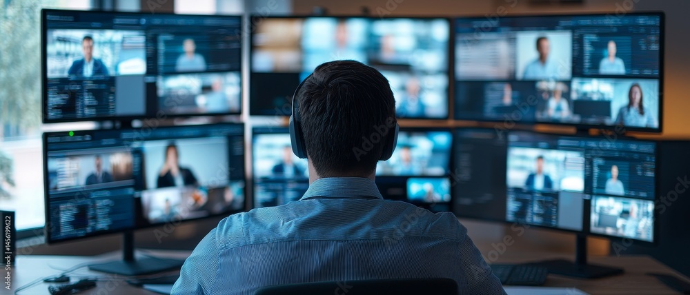 Poster professional observing multiple screens in a modern workspace. virtual teams collaboration concept.