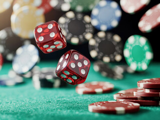Rolling dice and colorful chips create a lively gaming atmosphere