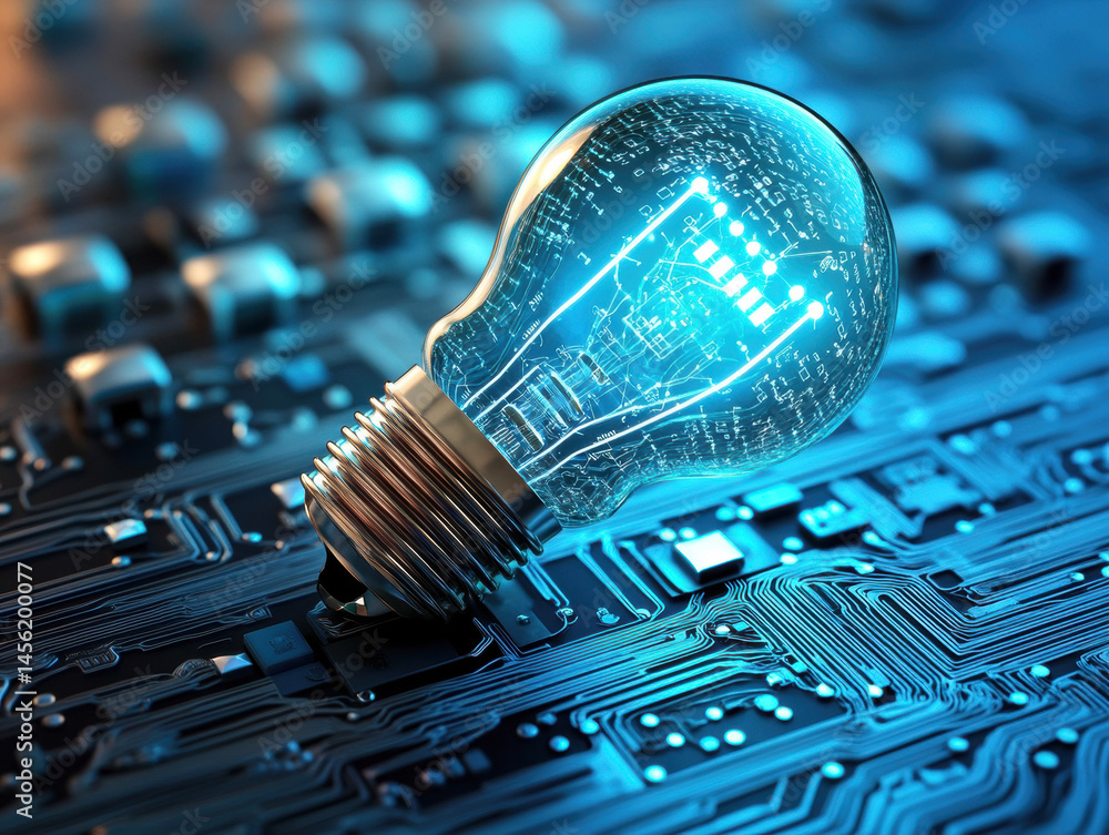 Poster light bulb illuminating circuit board with digital elements