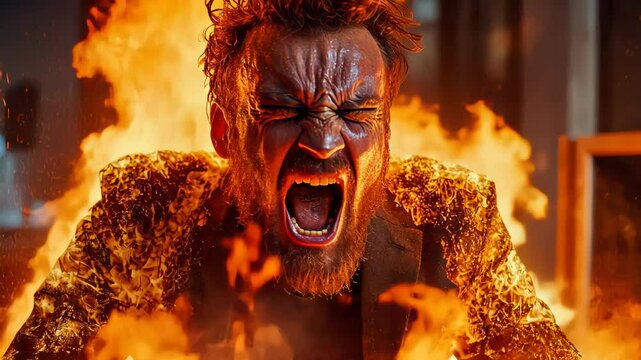 A man engulfed in flames screams intensely, symbolizing extreme anger, stress, or burnout in a dramatic and fiery setting