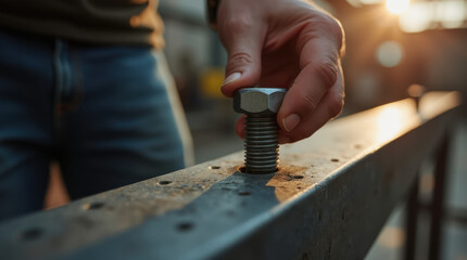 Close-up of skilled hand securing metal bolt onto steel beam in soft sunlight, highlighting skin textures and machining marks against blurred industrial background