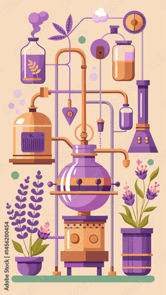 Poster the image is a colorful drawing of a lab with a purple background. there are many purple objects in 