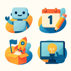 Illustrative Icons Representing Technology, Scheduling, Innovation, and Startups