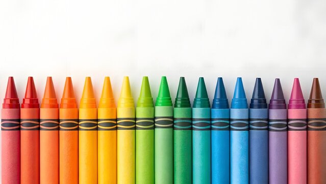 Children's school crayons on a white background. A set of colorful crayons in the form of a rainbow.

