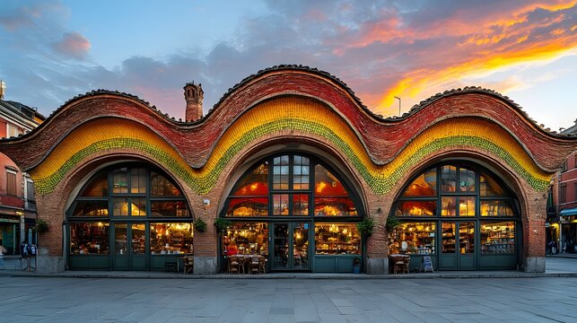 The beautiful architecture of the Santa Caterina Market, with its colorful undulating roof and historical charm