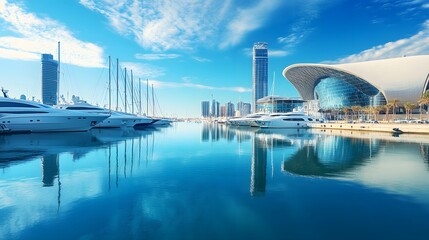 Naklejka premium The calm and reflective water at the Olympic Port, with yachts docked along the marina and modern buildings nearby