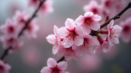 Obraz premium Delicate Cherry Blossoms: A Close-Up of Pink Spring Flowers on a Branch
