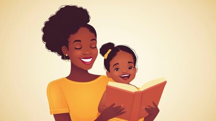 Fototapeta premium Illustration of African American Mother and Daughter Reading Together Lovingly