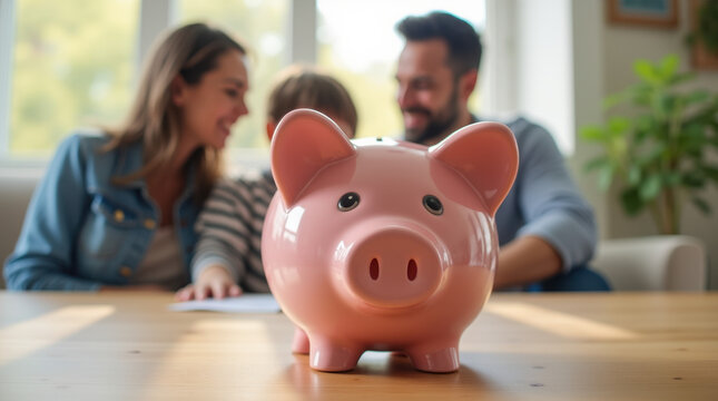 Glossy pink piggy bank on wooden table in foreground with smiling family discussing finances in background