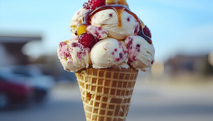 Raspberry Ice Cream Cone with Caramel Sauce