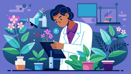 A woman in a lab coat is looking at a plant under a microscope. Concept of scientific curiosity and exploration