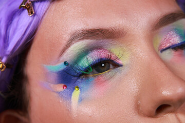 Close up on fantasy pastel graphic eye makeup with matte and shimmer eye shadows and girly lashes....