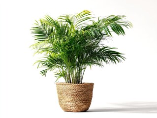 Lush Green Kentia Palm Plant in a Woven Basket Pot Isolated on White Background