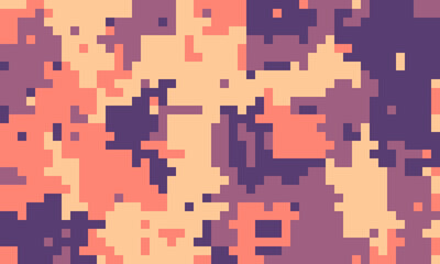 Abstract pixelated camouflage pattern in muted peach, coral, and purple hues.  Ideal for backgrounds, textiles, and digital design projects evokes a sense of concealment and modern style.