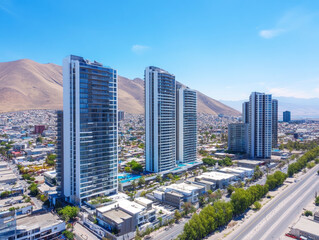 Obraz premium Modern skyscrapers rise above city landscape in sunny location