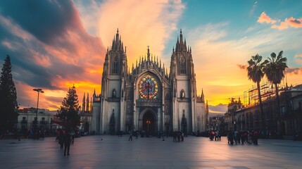 Fototapeta premium The Santa Maria Cathedral, known for its intricate details and vast stained-glass windows, with a dramatic sunset backdrop