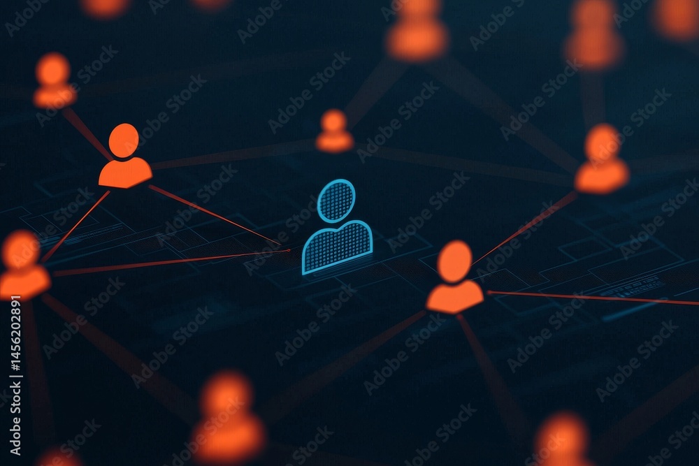 Poster digital network connecting users with highlighted central figure. digital marketing content and lead