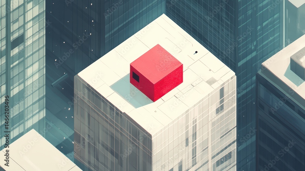 Poster pixelated metropolis isometric cityscape with distinct red cube on top of skyscraper for modern conc