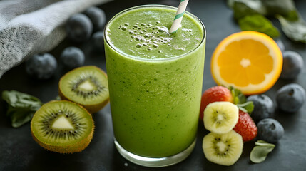 Refreshing Green Smoothie with Kiwi, Strawberry, and Blueberry
