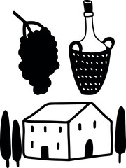 Winemaking. The process of making wine. Drawing, engraving, ink, line art, vector