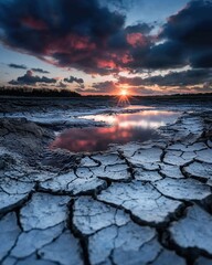 Fototapeta premium Dramatic sunset over cracked earth drought-affected landscape nature photography serene environment ground level view environmental impact