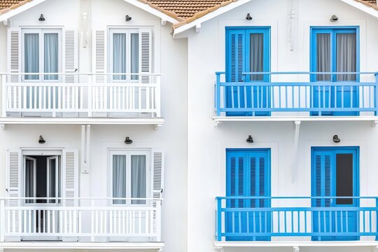 Whitewashed buildings with blue accents.  Balconies and doors