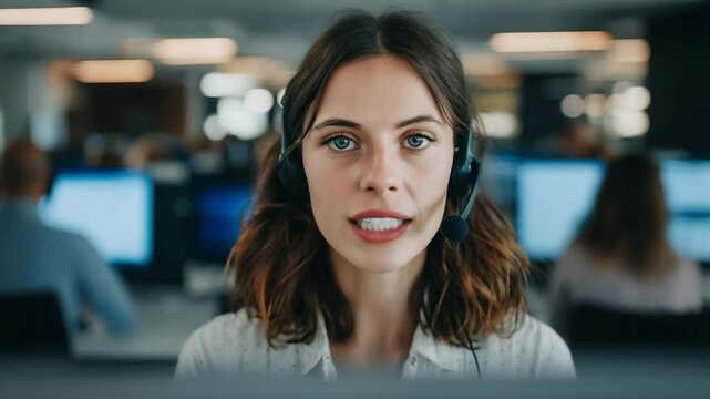 Young caucasian woman with shoulder-length brown hair actively communicating via headset, facing camera with blurred colleagues in busy, brightly lit tech support workspace