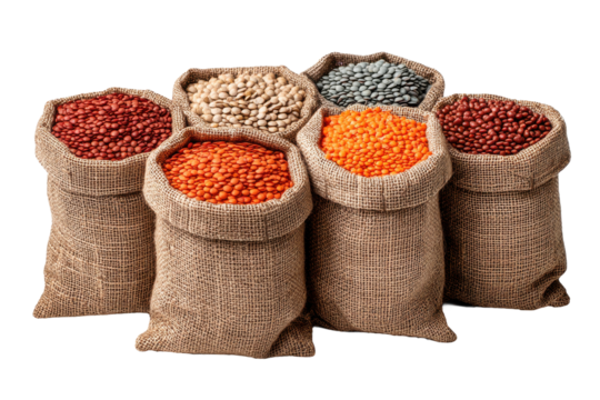 Set of six burlap sacks with assorted colorful legumes, isolated on transparent background