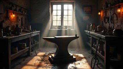 Sunlit Blacksmith's Workshop with Anvil and Tools