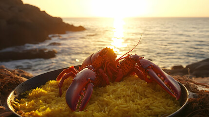 Lobster paella illuminated by sunset views overlooking a coastal seascape