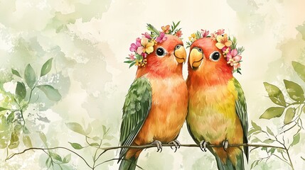 Charming lovebirds perched together nature scene illustrative artwork serene environment close-up affectionate concept for nature lovers