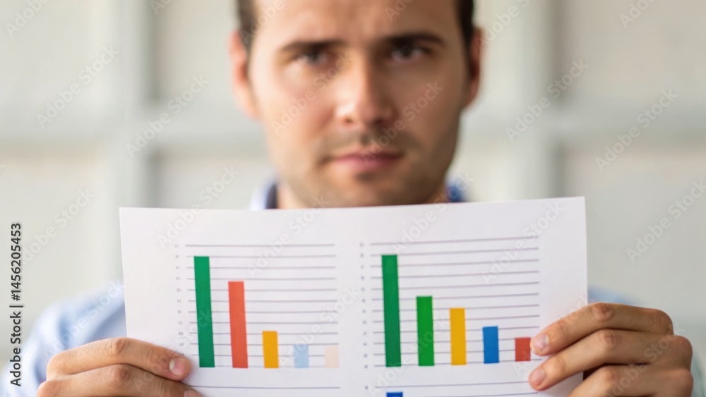 Poster a man holds printed graphs, showcasing data analysis, while displaying focus and professionalism in 