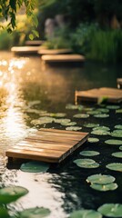 Wooden stepping stones over tranquil water with lily pads in a serene garden.