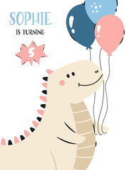 Birthday kids invitation template with hand-drawn t-rex dinosaur holding air balloons