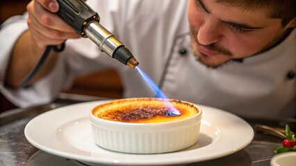 A chef meticulously torching the sugar atop a creme brulee, creating a caramelized crust.