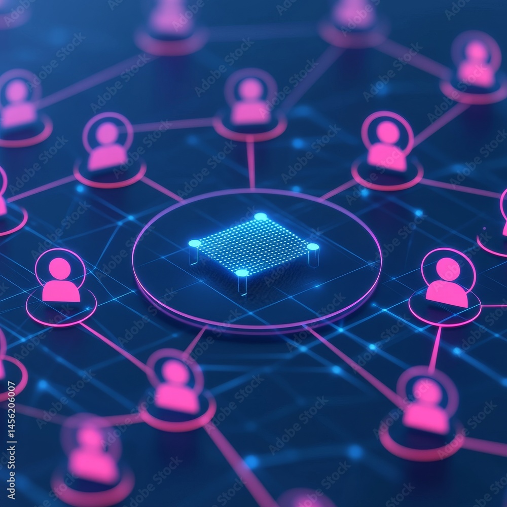 Poster digital network with connected users and a central data point. virtual teams collaboration concept.