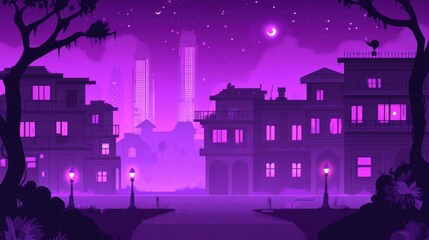 Fototapeta premium Pixelated nocturne a serene vaporwave city illustration with a retro gaming aesthetic and a modern vibrant violet cityscape view