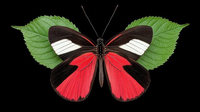 A red and black butterfly with white spots on its wings.