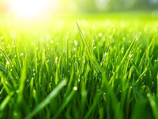 Fototapeta premium Vibrant Green Grass Dew Drops Sunrise Nature Background