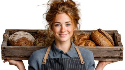Smiling woman baker holding a wooden crate of fresh bread loaves