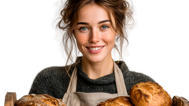 Smiling woman baker holding freshly baked bread in a wooden crate