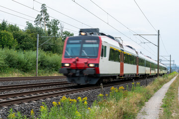 Obraz premium Rails and electrical train in rural area, under a grey sky.