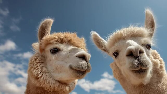 Fluffy cream-colored alpacas with expressive faces close to the lens, clear sky and scattered clouds in the background create a playful and friendly farm scene