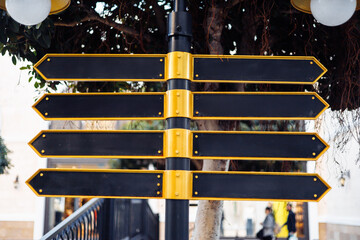 Directional signpost with multiple blank arrows in an urban setting during daylight hours