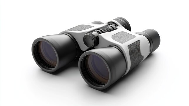 High-quality, modern binoculars, black and white, isolated on white background