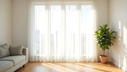 Fototapeta premium Bright and airy living room interior with sunlight, sheer curtains, potted plant, and minimal furniture