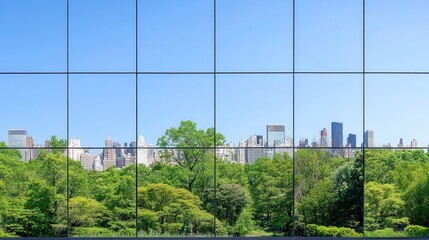 Fototapeta premium Urban greenery and distant cityscape vista behind wire mesh under bright daylight capturing city life through nature's vibrancy