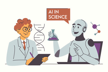 AI in science vector isolated. Robot helps scientist, collaboration between artificial intelligence and human. Digital assistant.