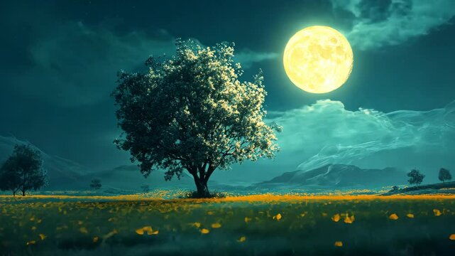 Moonlit field with lone tree, mountains backdrop under bright night sky
