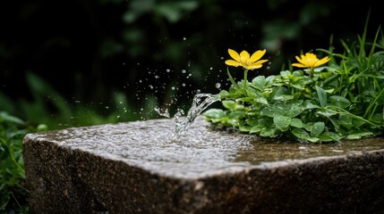 A small water fountain in a garden.